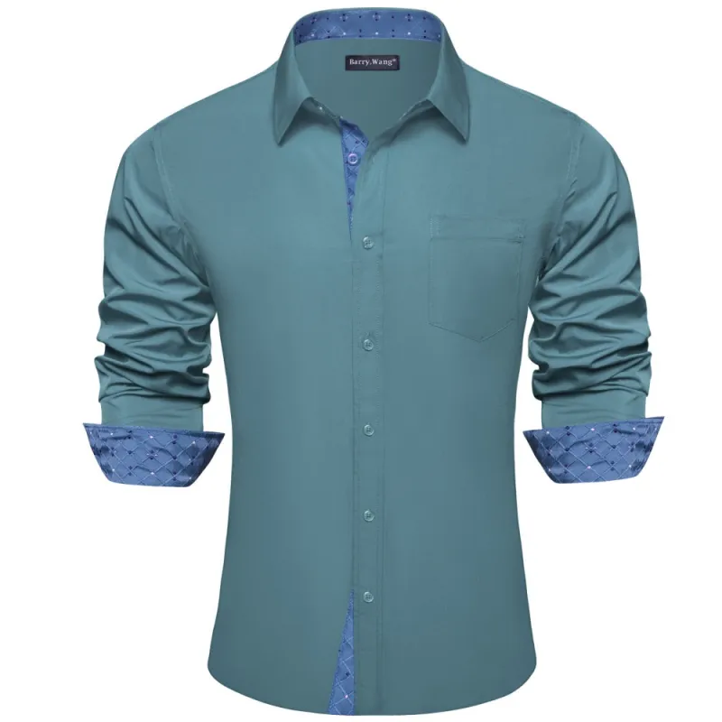 Barry Wang Mens Teal Blue Splicing Long Sleeve Shirt Button Up Shirt sold by Barrywang