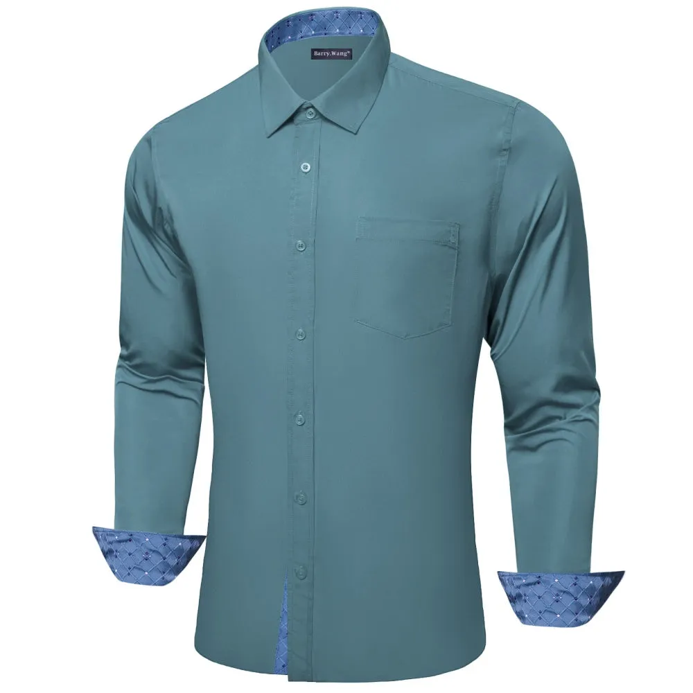 Barry. Wang Mens Teal Blue Splicing Long Sleeve Shirt Button Up Shirt sold by Barrywang product image thumbnail 2