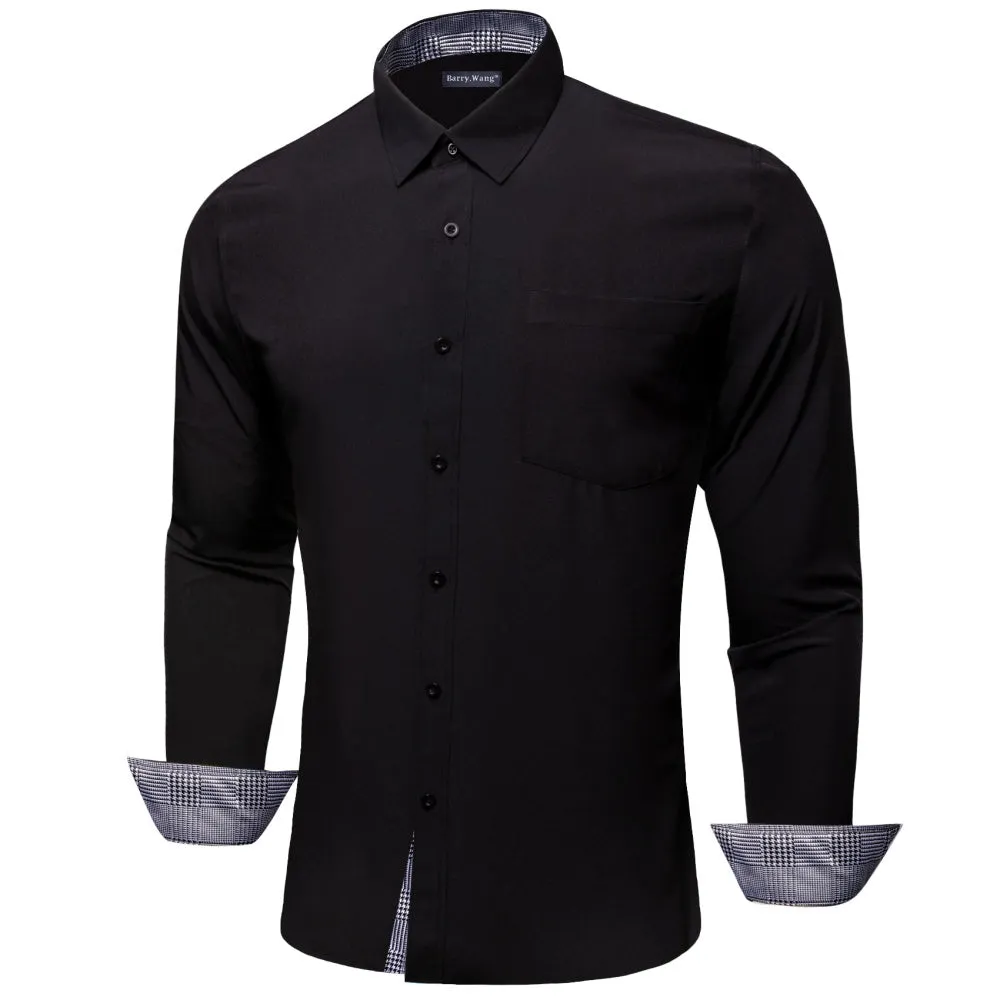 Barry. Wang Black Shirt with Grey Plaid Splicing Long Sleeve Silk Shirt sold by Barrywang product image thumbnail 2