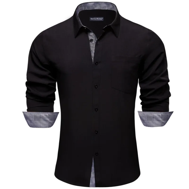Barry. Wang Black Shirt with Grey Plaid Splicing Long Sleeve Silk Shirt sold by Barrywang