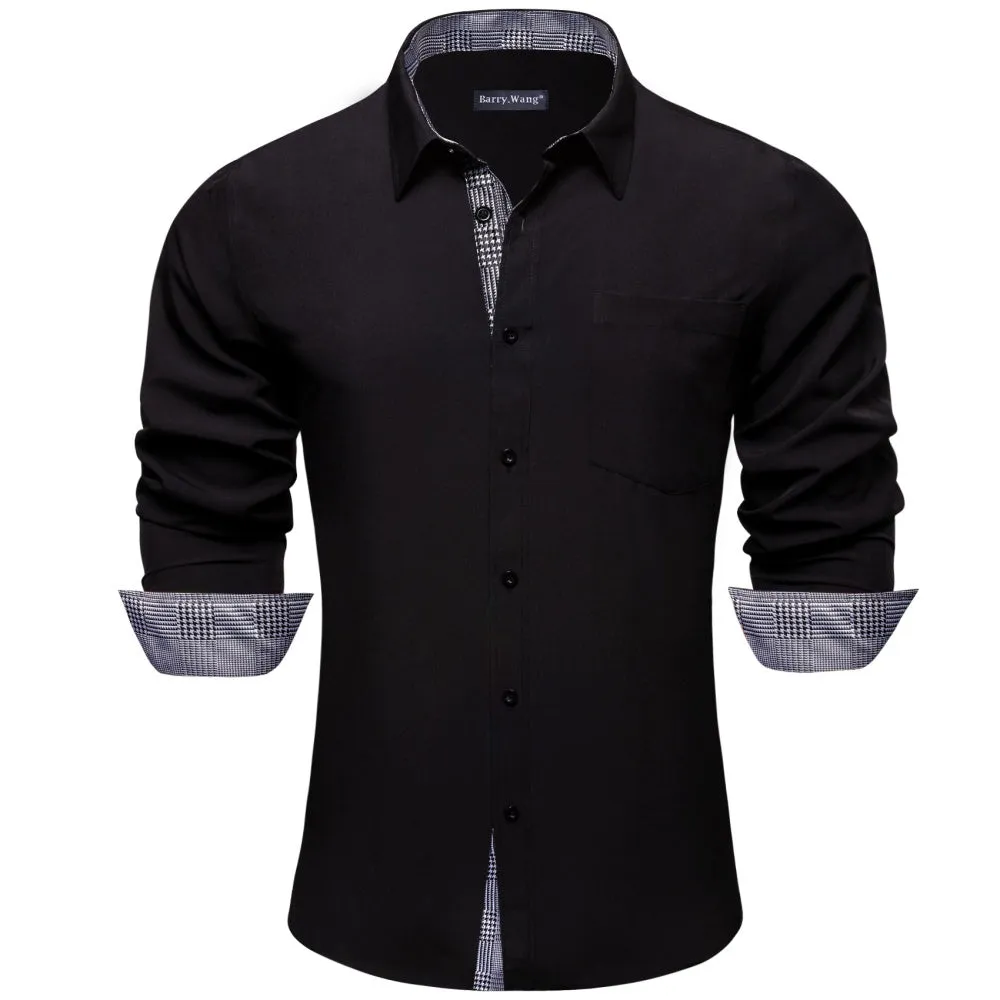 Barry. Wang Black Shirt with Grey Plaid Splicing Long Sleeve Silk Shirt sold by Barrywang
