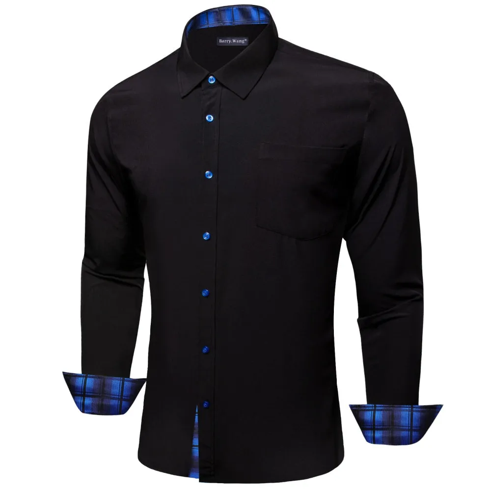 Barry. Wang Mens Solid Black and Blue Plaid Splicing Long Sleeve Silk Shirt sold by Barrywang product image thumbnail 2
