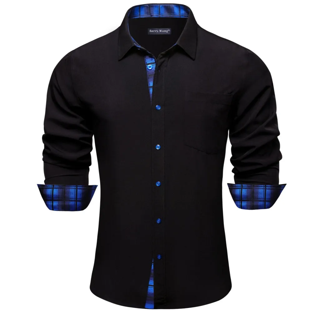 Barry. Wang Mens Solid Black and Blue Plaid Splicing Long Sleeve Silk Shirt sold by Barrywang