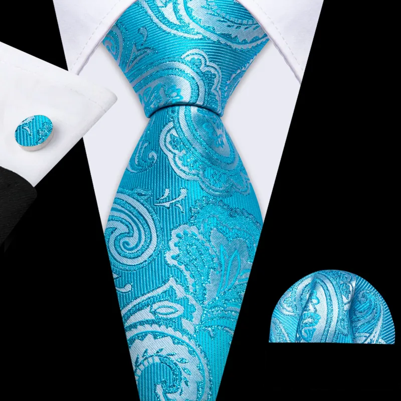 Barry Wang Sky Blue Tie Paisley Silk Tie Handkerchief Cufflinks Set sold by Barrywang