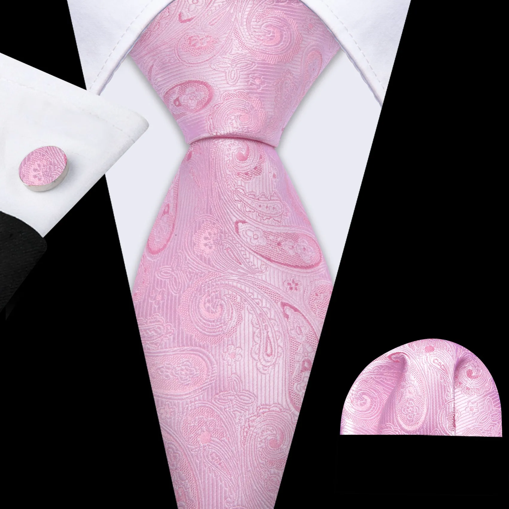 Barry Wang Classic Rose Pink Paisley Tie Handkerchief Cufflinks Set sold by Barrywang
