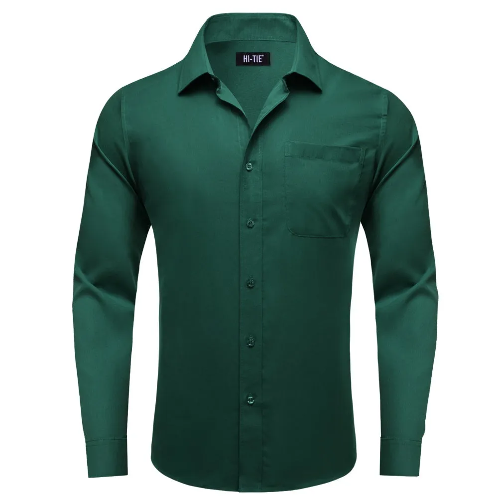 Barry Wang Solid Hunter Green Plain Shirt Silk Button Dress Collar Shirt sold by Barrywang