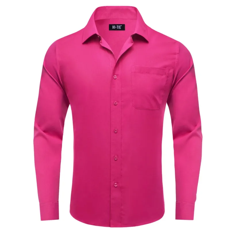 Barry Wang Solid Plain Deep Pink Shirt Silk Button Dress Collar Shirt sold by Barrywang