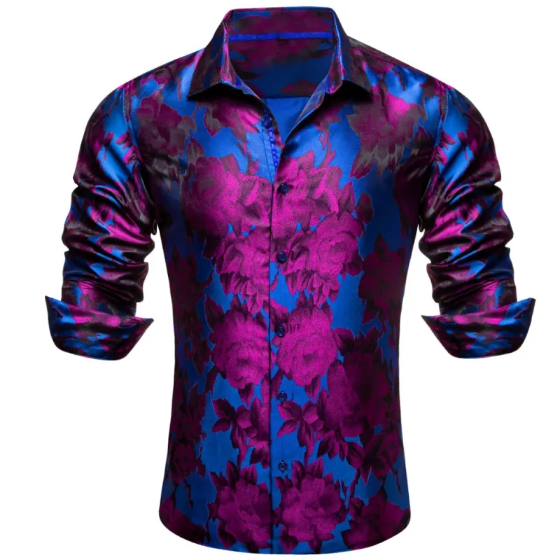 Barry Wang Button Down Blue Purple Floral Silk Floral Long Sleeve Shirt sold by Barrywang