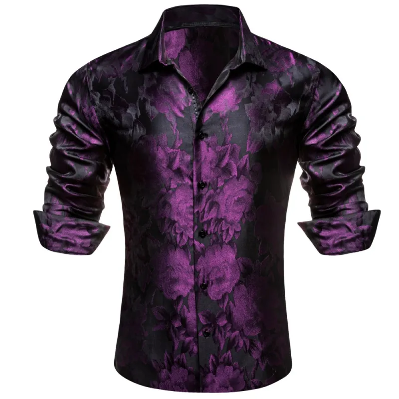 Barry Wang Button Down Shirt Black And Purple Floral Silk Men's Shirt sold by Barrywang