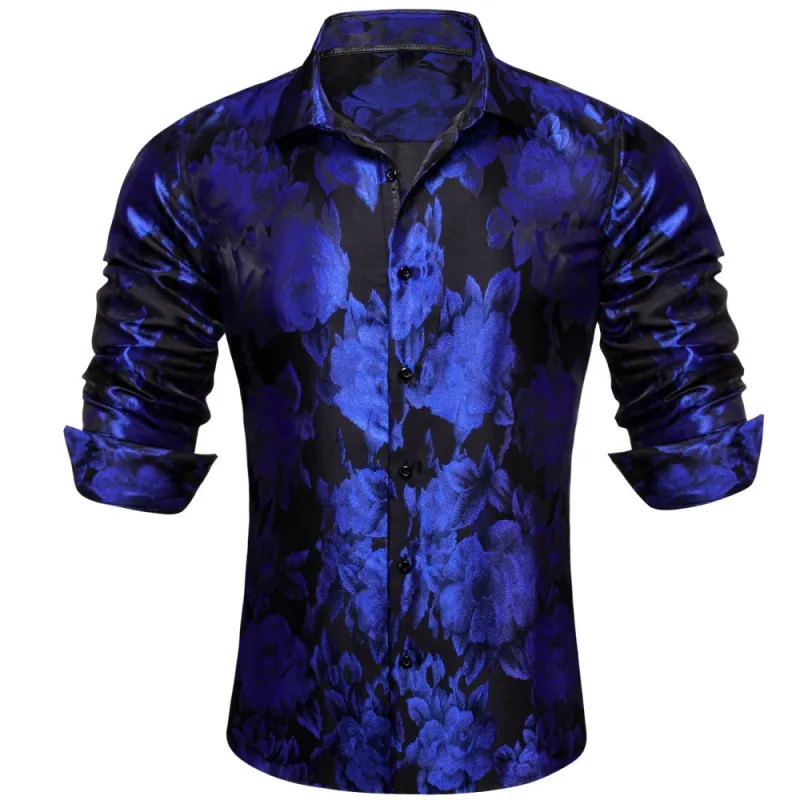 Barry Wang Silk Black Black Floral Long Sleeve Shirt Button Up Shirt For Men sold by Barrywang