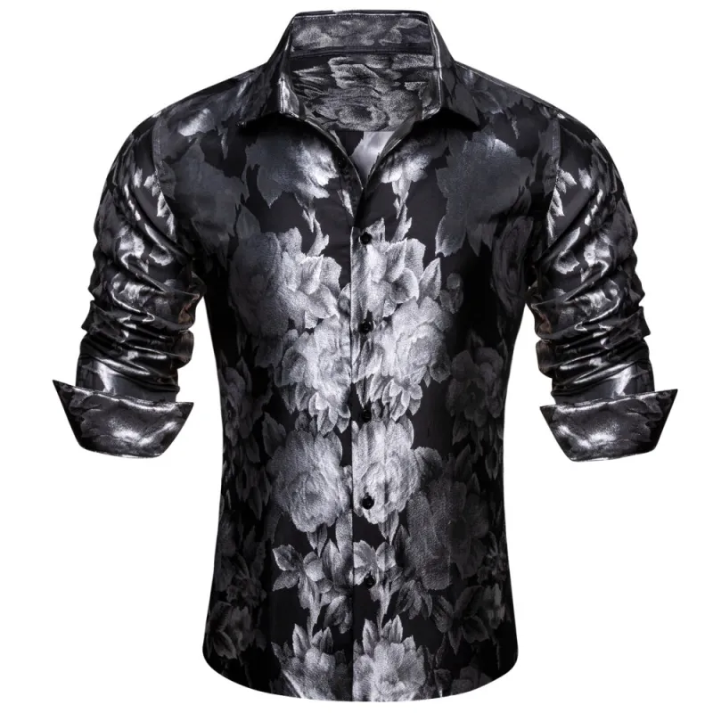 Barry Wang Black Grey Floral Long Sleeve Shirt Button Up Shirt For Men sold by Barrywang