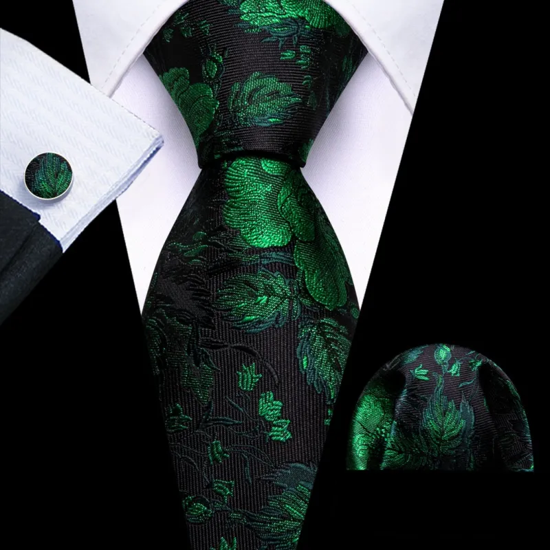 Barry. Wang Black Green Floral Tie Mens Silk Tie Pocket Square Cufflinks Set sold by Barrywang