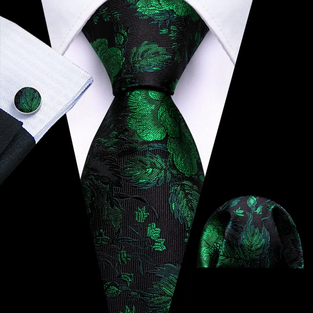 Barry. Wang Black Green Floral Tie Mens Silk Tie Pocket Square Cufflinks Set sold by Barrywang