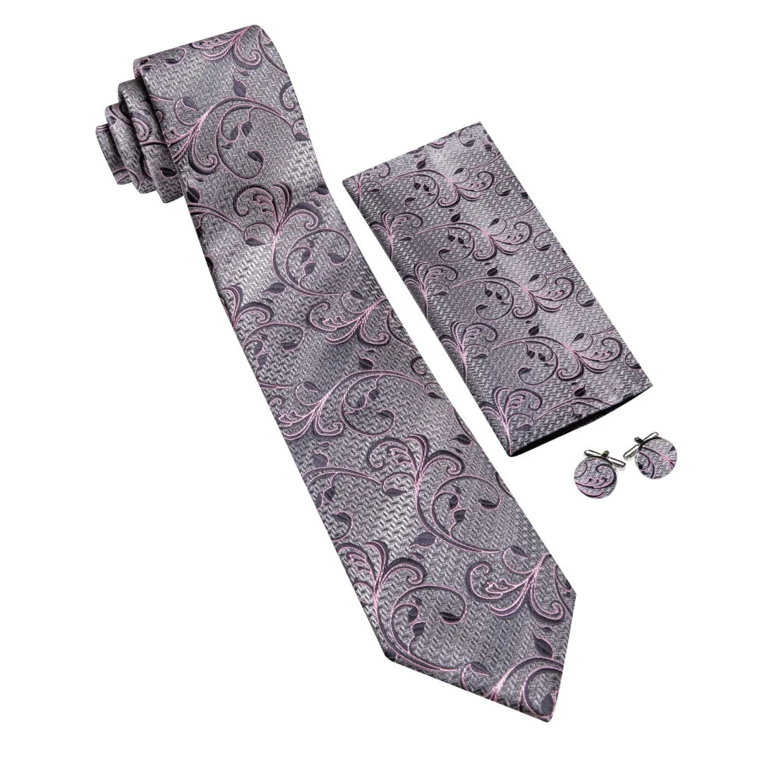 Barry. Wang Silver Tie Plum Floral Tie Mens Silk Tie Pocket Square Cufflinks Set sold by Barrywang product image thumbnail 2