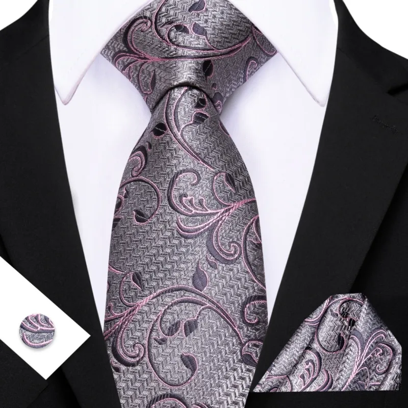 Barry. Wang Silver Tie Plum Floral Tie Mens Silk Tie Pocket Square Cufflinks Set sold by Barrywang