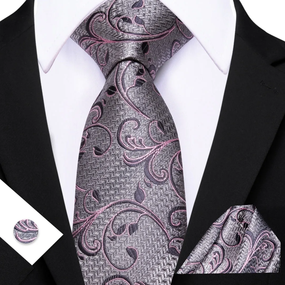 Barry. Wang Silver Tie Plum Floral Tie Mens Silk Tie Pocket Square Cufflinks Set sold by Barrywang