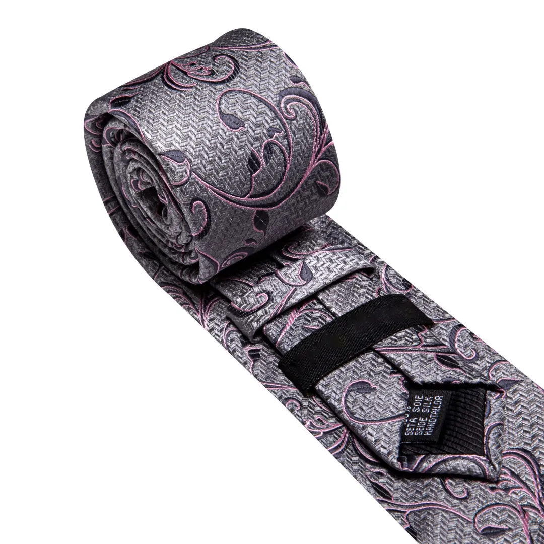 Barry. Wang Silver Tie Plum Floral Tie Mens Silk Tie Pocket Square Cufflinks Set sold by Barrywang product image thumbnail 4