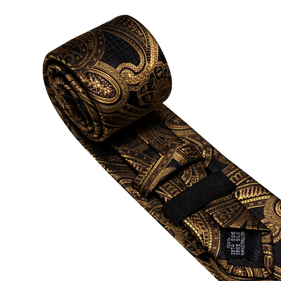 Barry Wang Black Golden Paisley Tie Mens Silk Tie Pocket Square Cufflinks Set sold by Barrywang product image thumbnail 4
