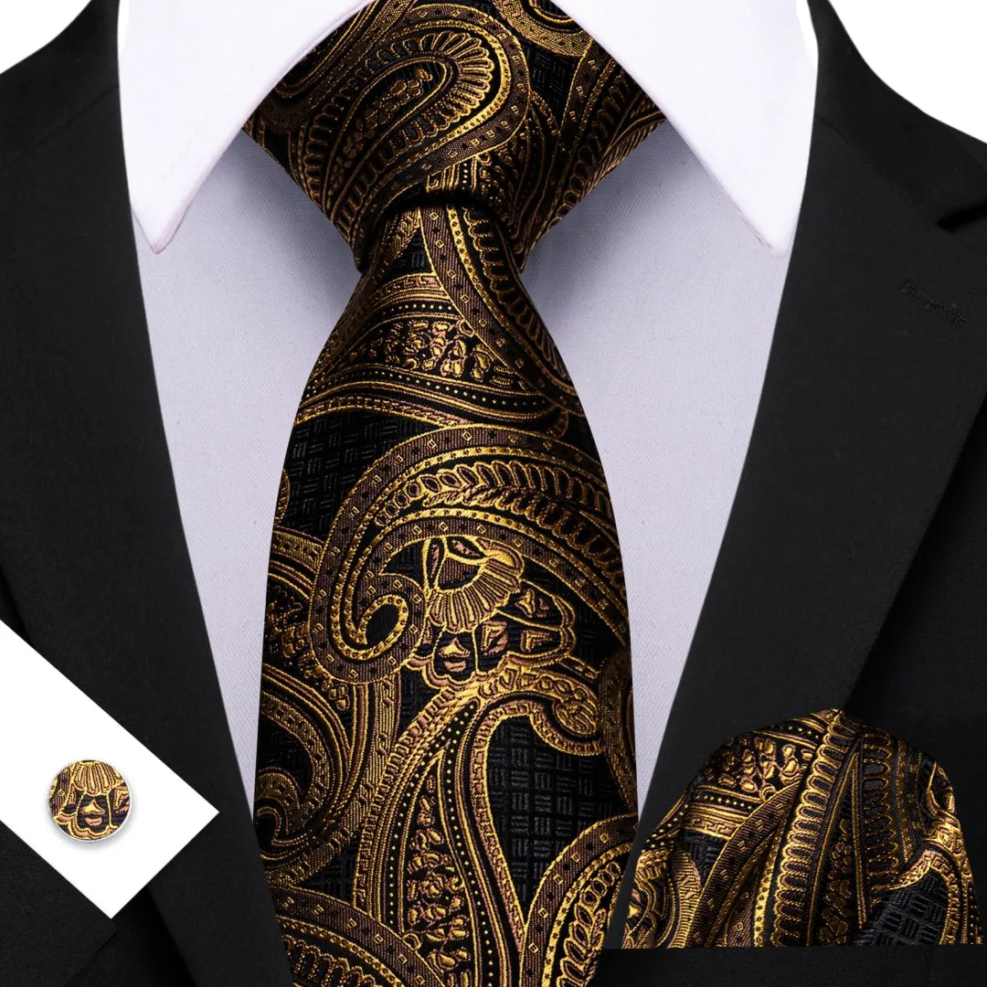 Barry Wang Black Golden Paisley Tie Mens Silk Tie Pocket Square Cufflinks Set sold by Barrywang