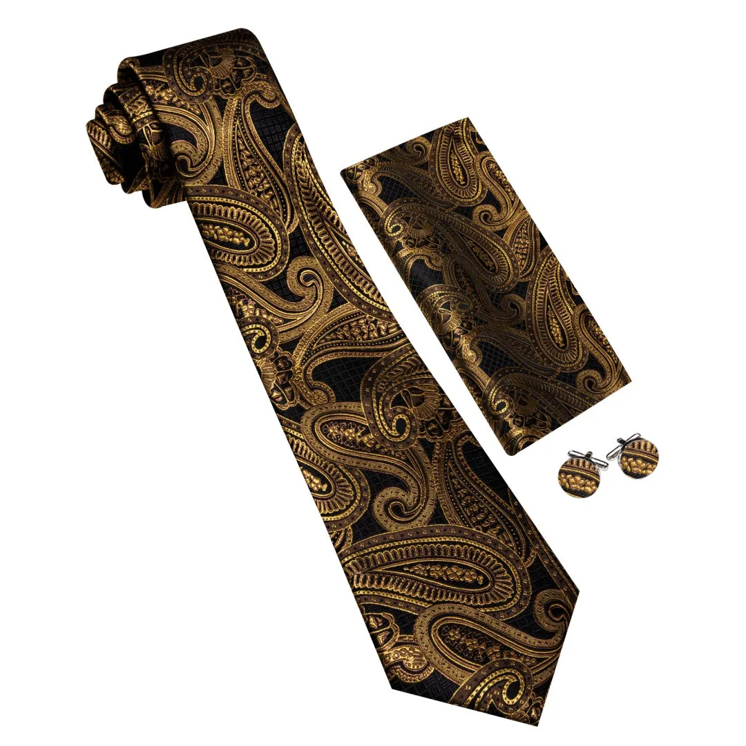 Barry Wang Black Golden Paisley Tie Mens Silk Tie Pocket Square Cufflinks Set sold by Barrywang product image thumbnail 2