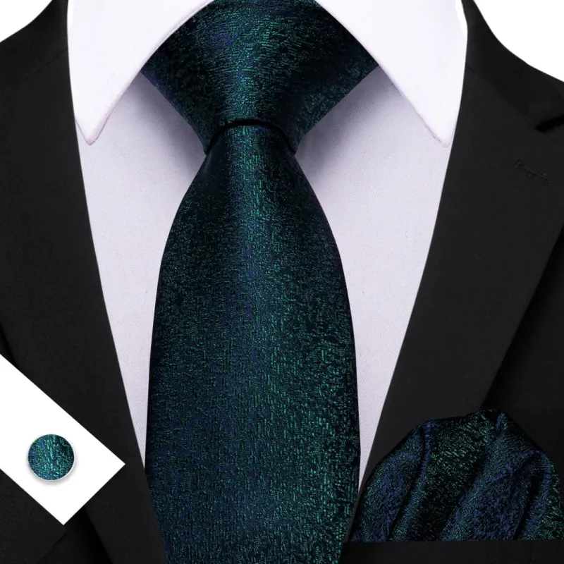 Barry Wang Dark Green Tie Novelty Tie Mens Silk Tie Pocket Square Cufflinks Set sold by Barrywang