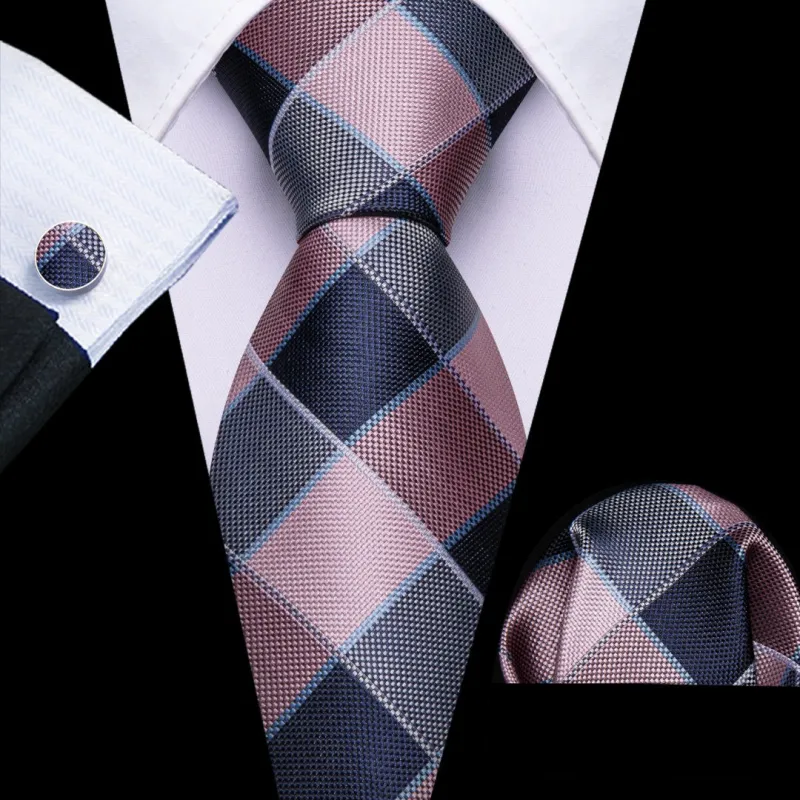 Barry Wang Neckties Pink And Blue Plaid Tie Pocket Square Cufflinks Set sold by Barrywang