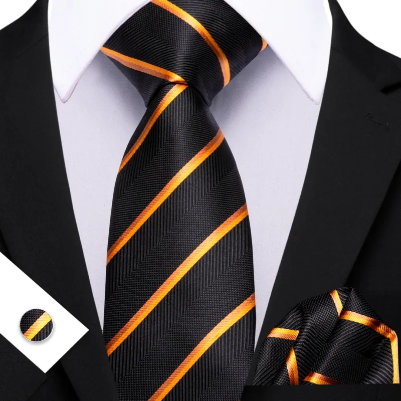 Barry Wang Black Gold Striped Tie Mens Silk Tie Pocket Square Cufflinks Set sold by Barrywang