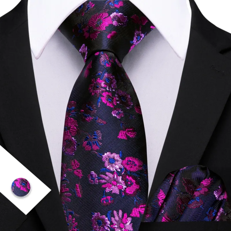 Barry Wang Blue Purple Floral Tie Pocket Square Cufflinks Set for Men sold by Barrywang