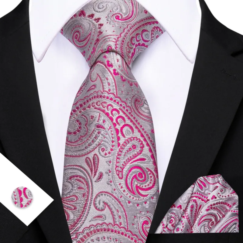 Barry. Wang Paisley Tie Silver Deep Pink Silk Men's Tie Pocket Square Cufflinks Set sold by Barrywang