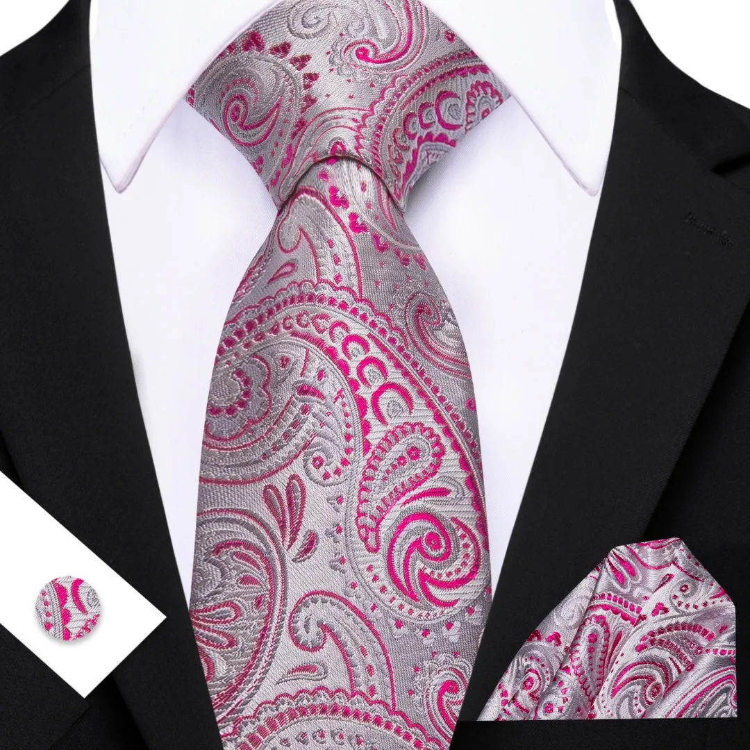 Barry. Wang Paisley Tie Silver Deep Pink Silk Men's Tie Pocket Square Cufflinks Set sold by Barrywang
