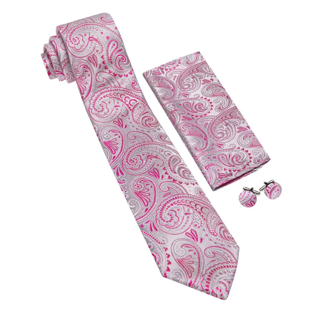 Barry. Wang Paisley Tie Silver Deep Pink Silk Men's Tie Pocket Square Cufflinks Set sold by Barrywang product image thumbnail 2