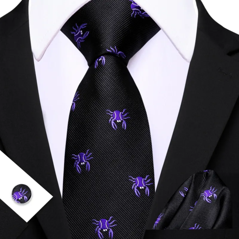 Barry Wang Spider Tie Black Purple Spider Ties for Men Silk Tie Set sold by Barrywang