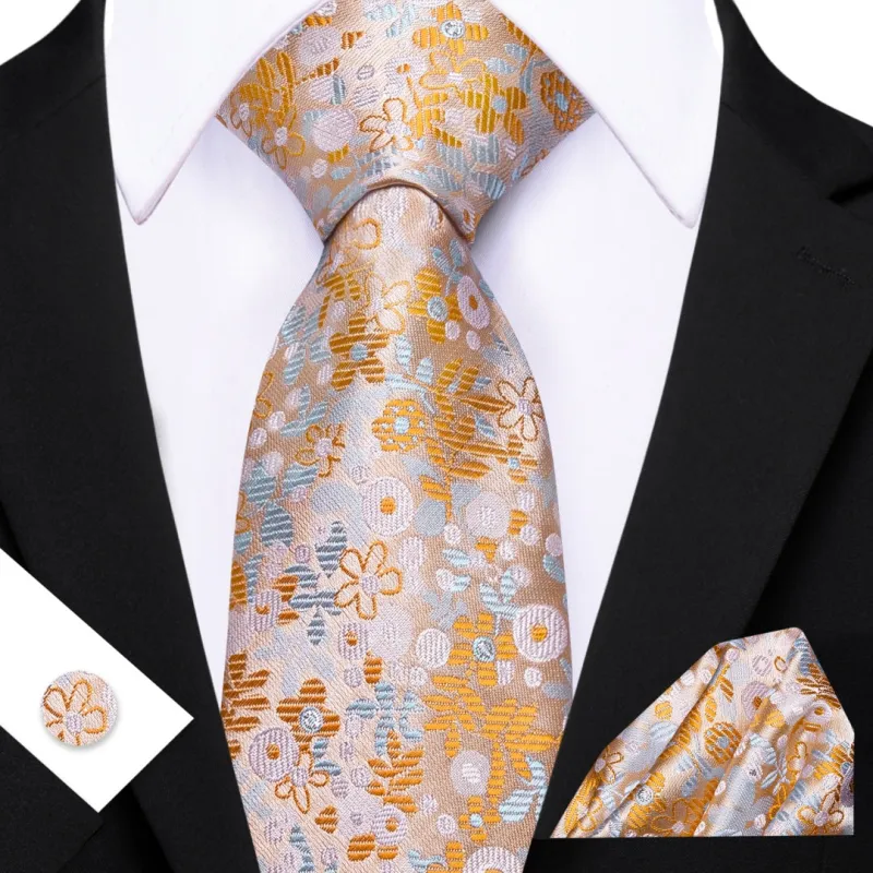 Barry. Wang Champagne Yellow Floral Tie Mens Necktie Pocket Square Cufflinks Set sold by Barrywang