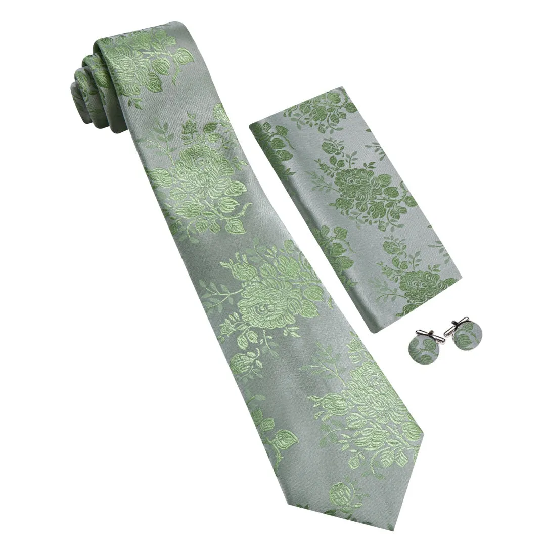 Barry. Wang Sage Green Floral Silk Tie Pocket Square Cufflinks Set Silk Men Tie sold by Barrywang product image thumbnail 2