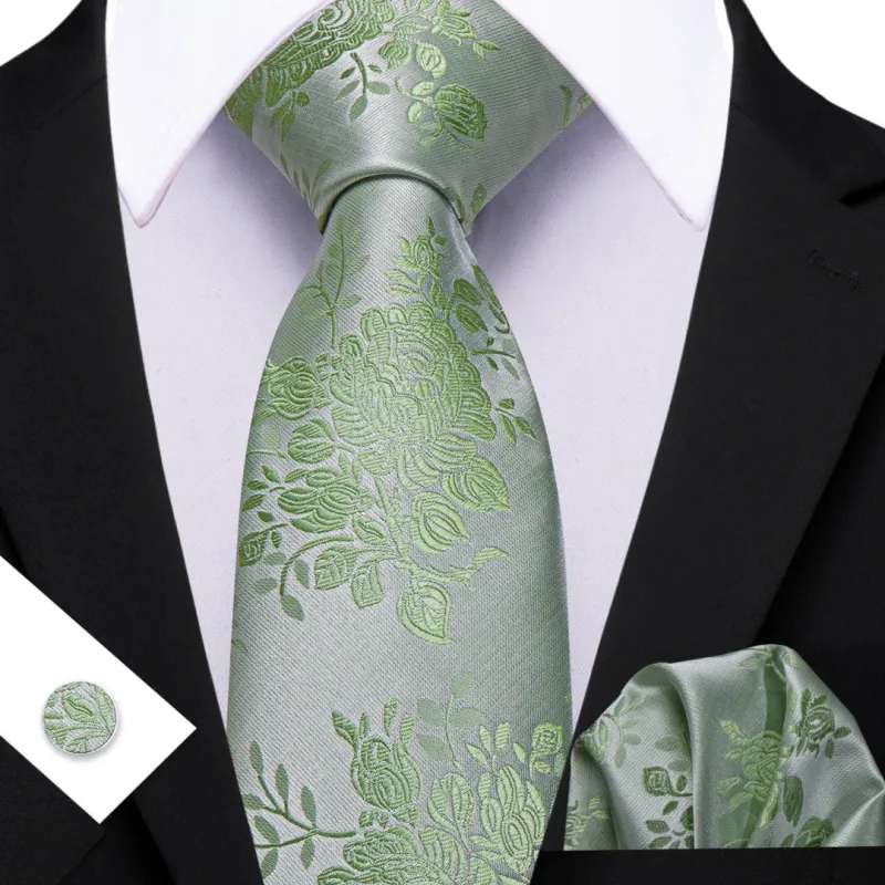 Barry. Wang Sage Green Floral Silk Tie Pocket Square Cufflinks Set Silk Men Tie sold by Barrywang