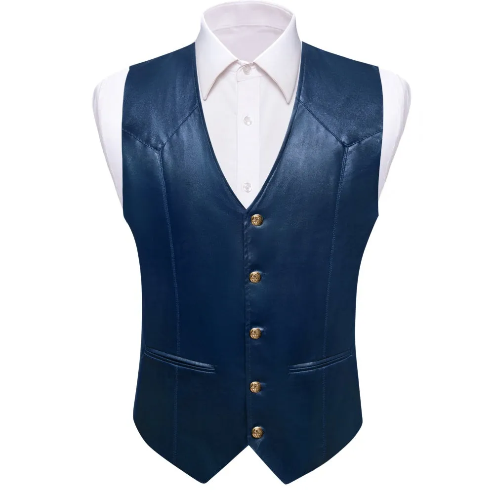 Barry. Wang Mens Leather Vest Midnight-Blue V-Neck Button Up Vest For Men sold by Barrywang