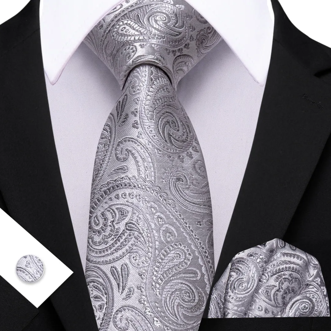 Barry. Wang Paisley Tie Silver Silk Men's Tie Pocket Square Cufflinks Set sold by Barrywang