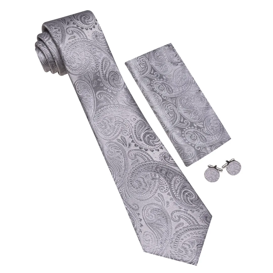 Barry. Wang Paisley Tie Silver Silk Men's Tie Pocket Square Cufflinks Set sold by Barrywang product image thumbnail 2