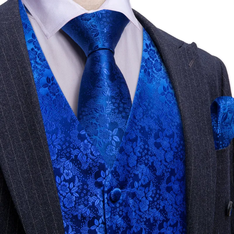 Barry. Wang 5pcs Vest Necktie Bowtie Set Blue Floral Silk Vest for Men sold by Barrywang