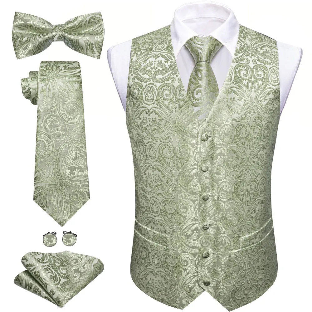 Barry. Wang 5pcs Mens Waistcoat Set Sage Green Floral Vest Necktie Bowtie Set sold by Barrywang product image thumbnail 2