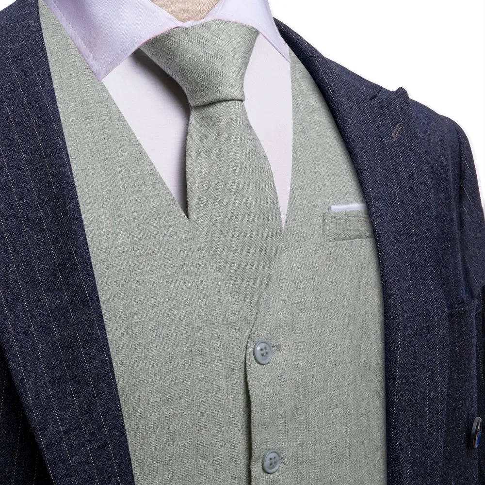 Barry. Wang Linen Vest for Men Sage Green Button Up Vest Necktie Set sold by Barrywang