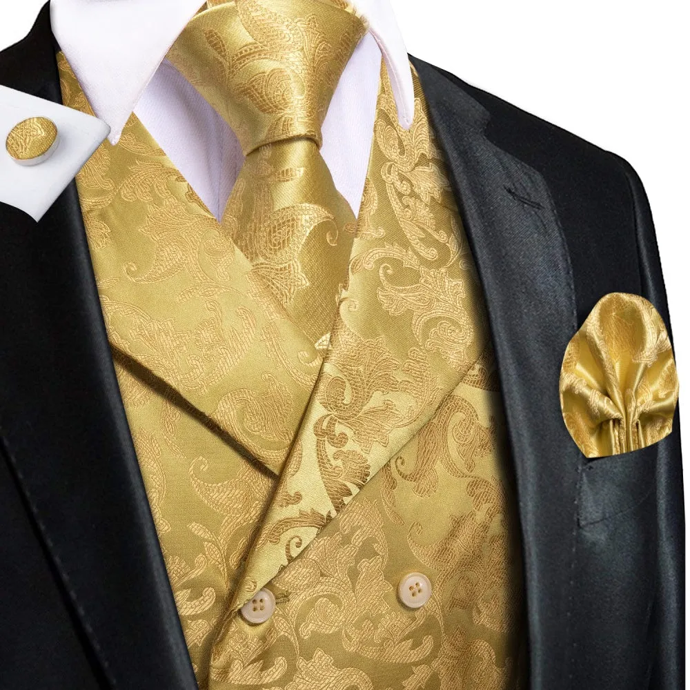 Barry. Wang Men's Yellow Golden Floral Silk Tie Vest Hanky Cufflinks Set sold by Barrywang