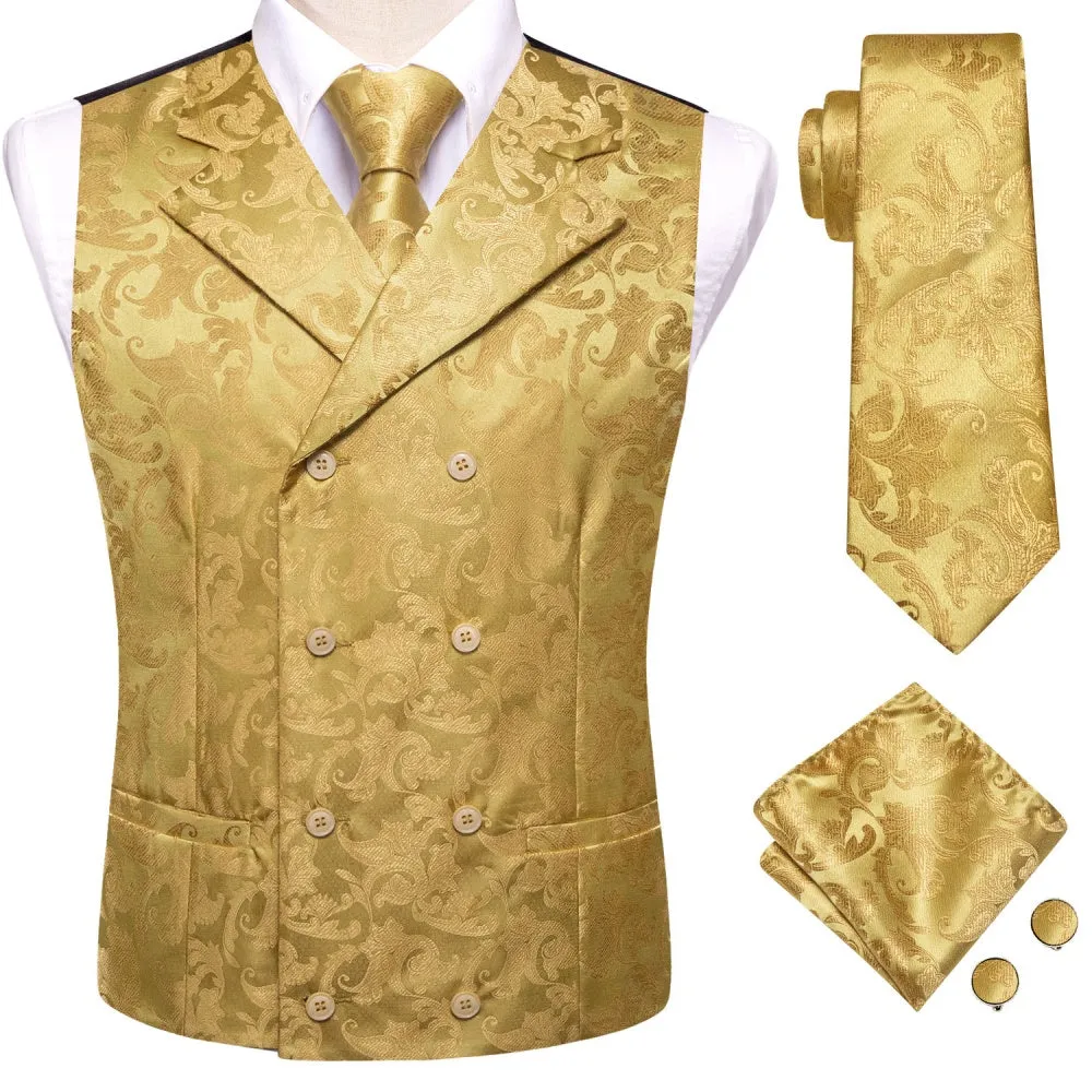 Barry. Wang Men's Yellow Golden Floral Silk Tie Vest Hanky Cufflinks Set sold by Barrywang product image thumbnail 2