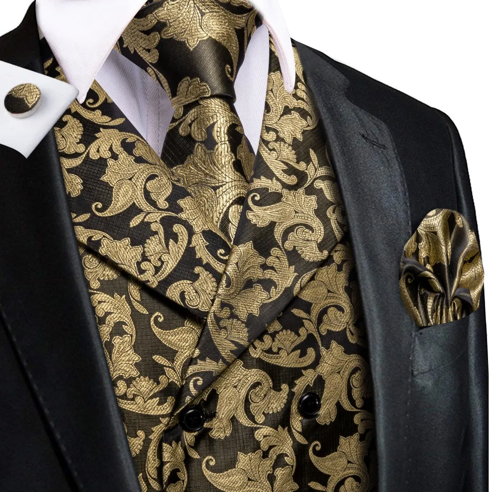 Barry. Wang Men's Black Golden Floral Silk Tie Vest Hanky Cufflinks Set sold by Barrywang
