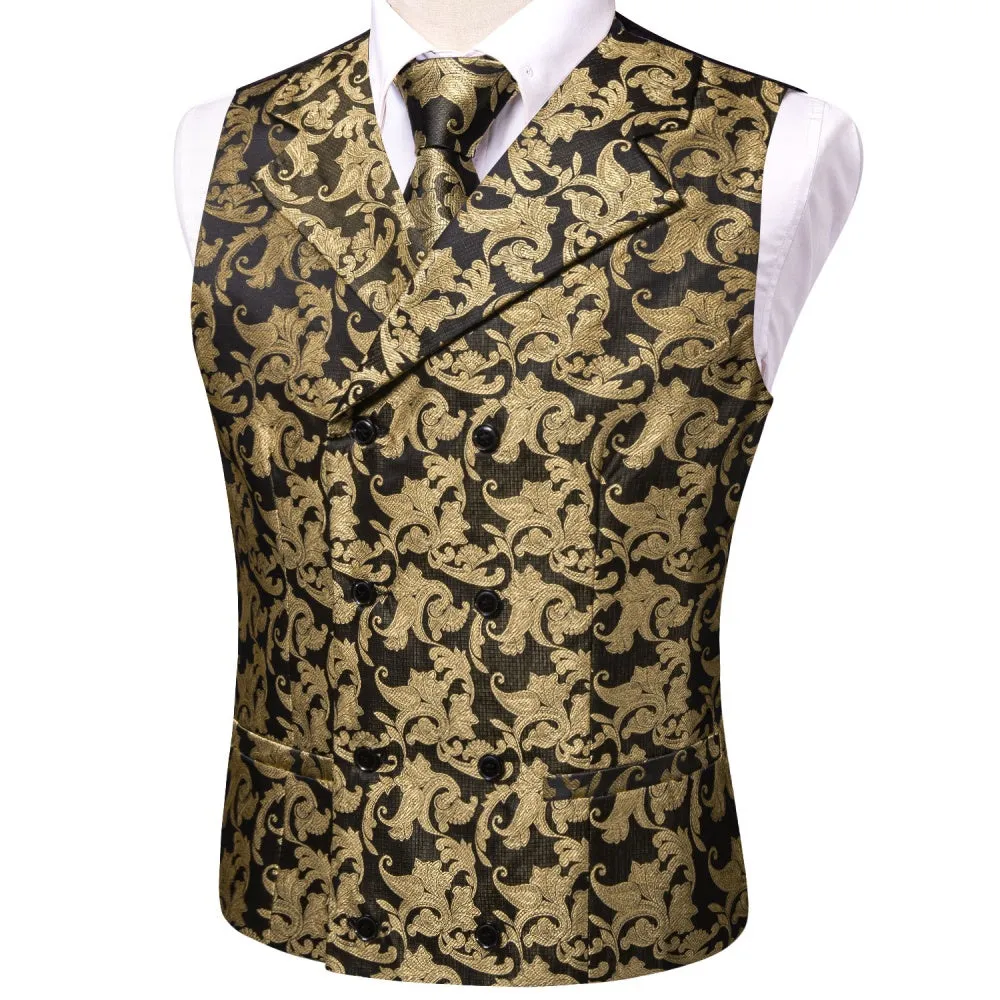 Barry. Wang Men's Black Golden Floral Silk Tie Vest Hanky Cufflinks Set sold by Barrywang product image thumbnail 3