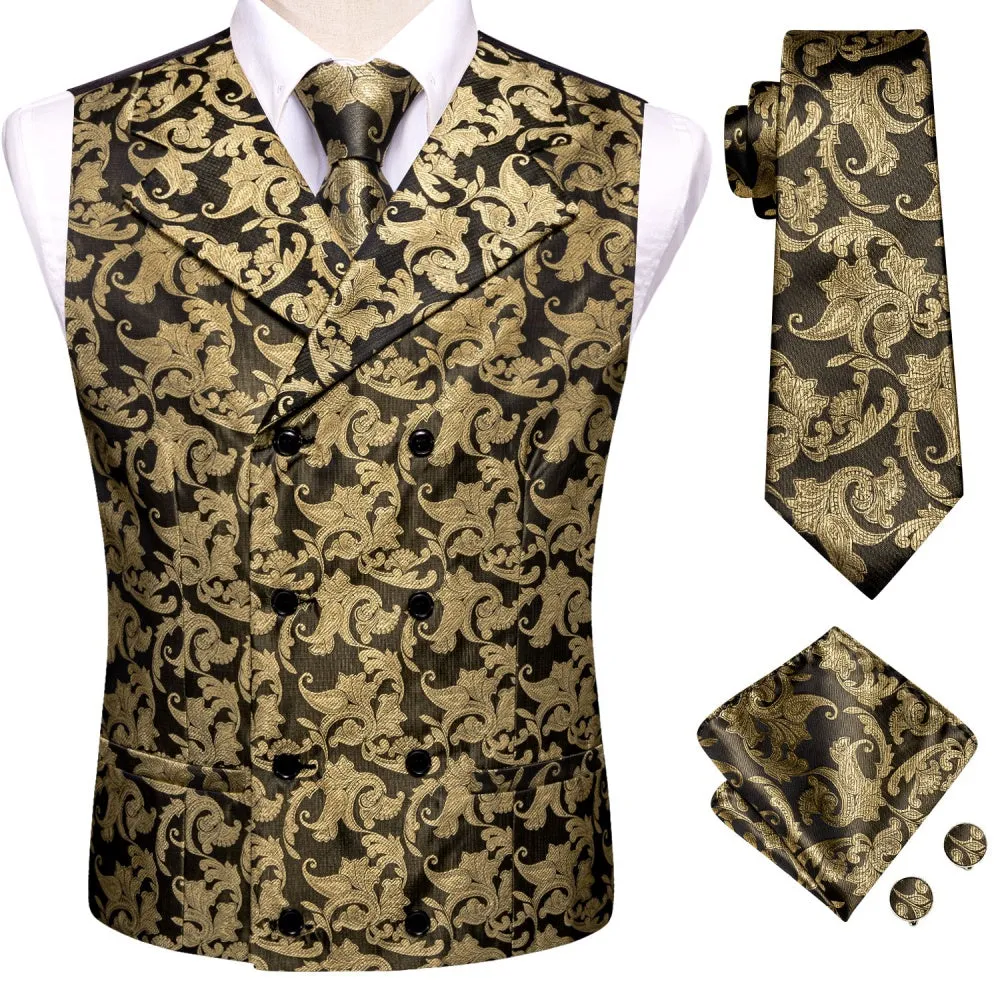 Barry. Wang Men's Black Golden Floral Silk Tie Vest Hanky Cufflinks Set sold by Barrywang product image thumbnail 2
