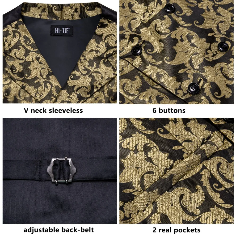 Barry. Wang Men's Black Golden Floral Silk Tie Vest Hanky Cufflinks Set sold by Barrywang product image thumbnail 4