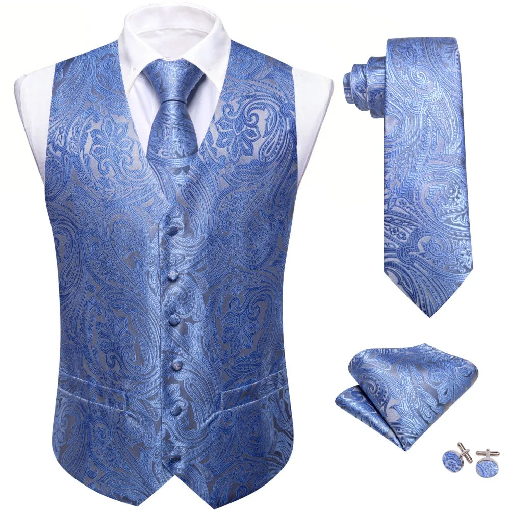 Barry. Wang Men's Royal Blue Floral Silk Tie Vest Hanky Cufflinks Set sold by Barrywang product image thumbnail 3