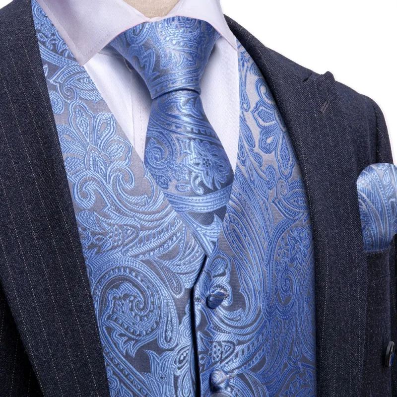 Barry. Wang Men's Royal Blue Floral Silk Tie Vest Hanky Cufflinks Set sold by Barrywang