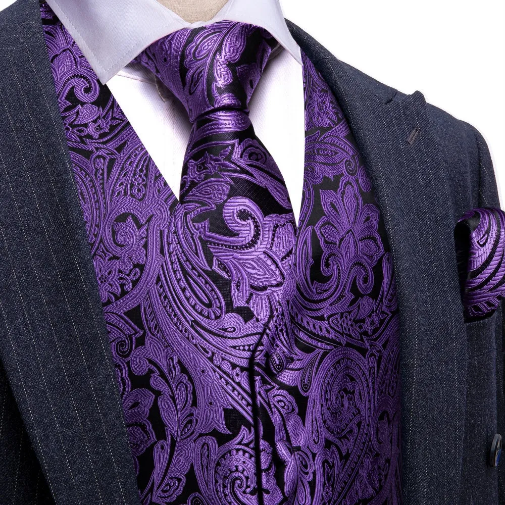 Barry. Wang Men's Black Purple Floral Silk Tie Vest Hanky Cufflinks Set sold by Barrywang